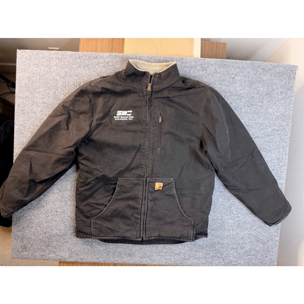 Carhartt Mens L Black Canvas Sherpa Lined Jacket Heavyweight Workwear Faded J141